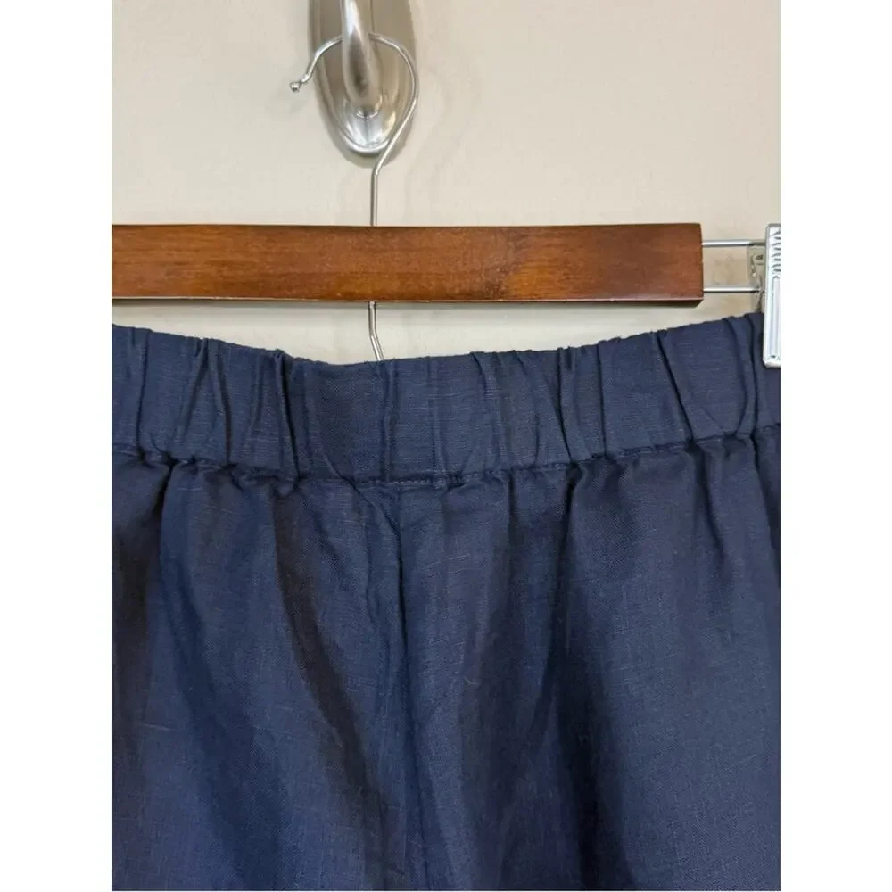 NWT QUINCE 100% European Linen Tapered Ankle Pants Elastic-Waist Deep Navy Sz S